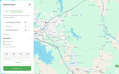 LKJ Route Planner bike car delivery drive drop off location map motor motorways navigation pickup plan route step stops toll train ui ux walk