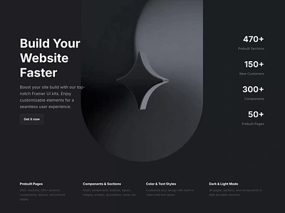 Dark landing page website hero section for Framer - Frameblox UI animated animation cta features framer header headline hero landing metrics ui ux video webdesign website