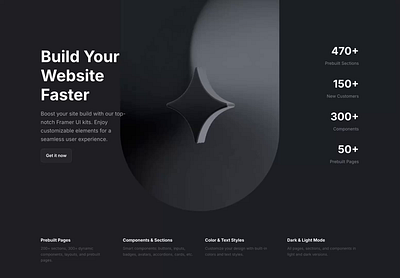 Dark landing page website hero section for Framer - Frameblox UI animated animation cta features framer header headline hero landing metrics ui ux video webdesign website