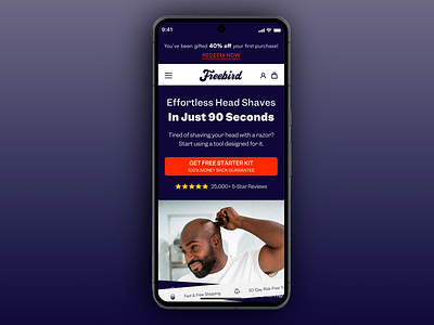 Freebird App Design branding design effortless shave fast shipping first purchase grooming tools hair removal head shaver head shaving mens grooming mobile ui mobile ux money back guarantee onboarding screen risk free trial shaving kit ui ui design ux ux design