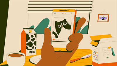 Breakfast breakfast cat cereal coffee design hand illustration instagram milk morning phone scrolling studiobo studiobolland