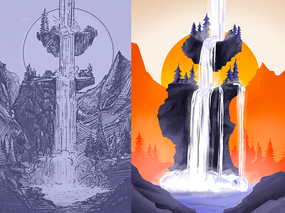 Sketch Vs Final Art abstract art design drawing e ink eink environment fall final heaven hope illustration jesus landscape procreate series sketch texture water waterfall