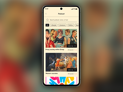Podcast Palette - mobile podcast app app design audio streaming design lifestyle literature mobile app mobile ui mobile ux podcast app podcast genres podcast organization podcast player podcast streaming politics ui ui design user friendly interface ux ux design western socrates