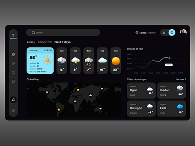 Weadium - Global Weather Application app interface dark mode design global weather humid humidity intuitive interface local weather pressure rain forecast temperature ui ui design ux ux design weather app weather forecast weather information weather map wind speed