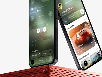 Retro Car Rental App | Booking Mobile App app design blur booking calendar car green home page mobile design mockup product design rental retro saas service ui uiux user interface ux vehicle visual design