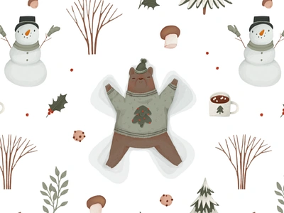 Winter Fun - seamless pattern animals bear card cartoon character christmas cocoa creative market cute design elements illustration pattern seamless snow snowman wallpaper winter