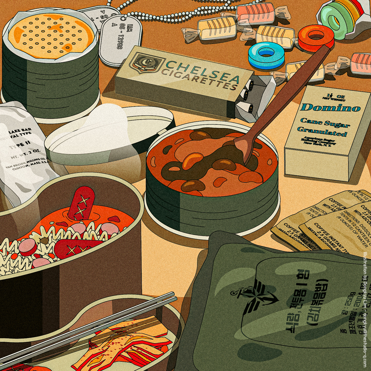 Meal Ready-to-Eat (US and ROKA) illustration isometric military food mre vintage