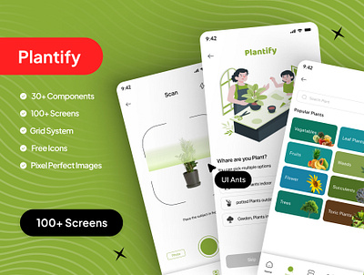 Plantify UI Kit – Your Plant Care App Solution app design gardening app gardening app ui mobile plant app ui plant care app plant caring app plant describe plant design app plant identify plant identify app plant monetering plant parenting plant scanner plantify screen smart gardening ui ui for plant care