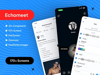 Echo Meet UI Kit – Call, Chat, Collaborate app call and chat call and work together call chat collabrate chat and work chat for team coho meet design google meet google meet app meeting app mobile screen team connect app teamm video live app ui video call app video chat app work together app zoom meet