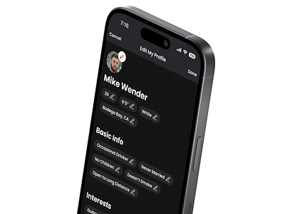 Edit profile account app change communication dark ui dating edit minimal mobile mobile app profile settings ui ux view
