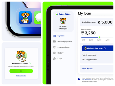 Web App for Idian Finance Platform, Icon | RupeeRedee calculator dashboard design dog finance fintech icon illustration loan loan platform mascot personal account pop up product product design ui ux uxui web web app