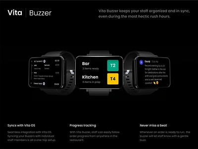 Vita Buzzer apple watch bar fast food food hamburger health management ordering payment pizza restaurant seating smart watch staff table vita watch