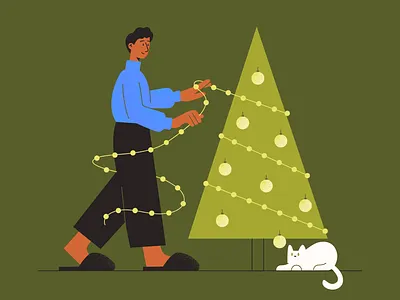 Christmas decorating 2d illustration character design character illustration christmas decor christmas decoration christmas time christmas tree christmas tree decoration december digital illustration flat illustration illustration vector illustration white cat