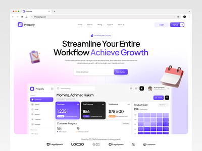 Prosperly - Landing Page Version achmad hakim analytic clean company crm customer dashboard landing page menu product saas sales simple statistic ui ux