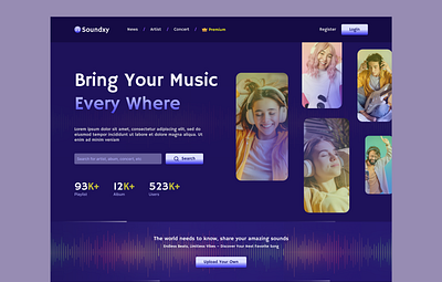 Soundxy - Music Streaming Landing Page abstract app brand identity branding color daily design figma graphic design inspiration landing landing page design logo mockup ui uiux website design