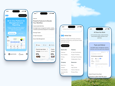 Infinite Task - Responsive Landing Page (Mobile) ai flow freelance app b2c blue colour clean design concept freelance management tools glassmorphism homepage mobile responsive mobile task management task manager ui design ui mobile app responsive user interface