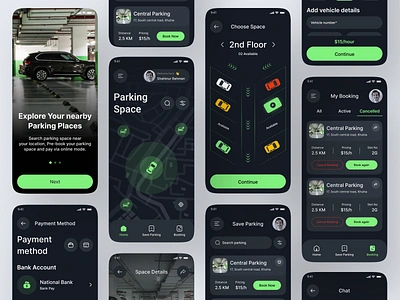 Car Parking Mobile App booking car app dark mode driving find parking inspiration location maps mobile app nearby park p2p parking slot parking space popular design rental app route shahinurstk02 uiux design vehicle