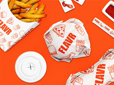 Flavr - Fast Food Brand Identity bakery black burger shop branding coffee shop fast food fast food branding fast food chain shop flavour flavr label design modern packaging design modern typography orange packaging design restaurant typographic logo white