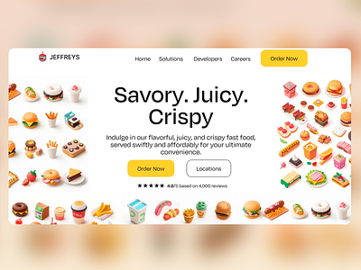 Jeffreys Fast Food - Delightful Bites 4000 reviews branding burgers crispy drinks fast food food delivery fries juicy landing page multiple locations restaurant chain restaurant website sandwiches savory ui ui design ux ux design website design