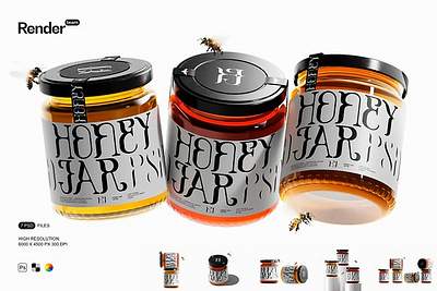 Honey Jar Mockup Set 3 bee beekeepers blank honey jar honey jar mockup set honey label jar jar label jar mockup jar mockup set label mockup package packaging paste presentation product psd syrup template