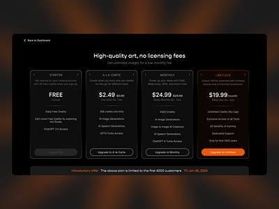 Pricing Page | Qolaba aesthetics ai black and orange dark theme dashboard functional futuristic image generation price pricing page ui ux