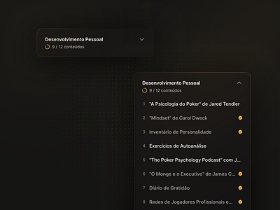 Playlists - Evolution Academy accordion cards clean course dark mode edtech expand card learning management system minimal online learning playlist poker product design progress indicator progress tracker saas student tutorial ui design ux design