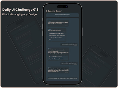 Challenge #013 - Direct Messaging App Design | Daily UI appdevelopment chatapp cleanui customersupport dailyui darkmode designchallenge directmessaging interactivedesign microinteractions minimaldesign mobileappdesign moderndesign travelassistant trendyui typography uichallenge uidesign userexperience uxdesign