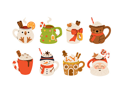 Christmas mugs 1 beverage cartoon character christmas concept cup design flat illustration mug santa set vector winter xmas