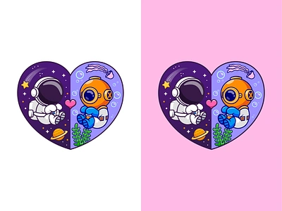 Space and Ocean❤️ astronaut branding cartoon character cute diver doodle flat friendship icon illustration jellyfish logo love ocean saturn sea shape space star