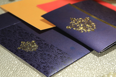 Blue Shimmery Damask Themed - Foil Stamped Wedding Card inexpensive wedding stationery