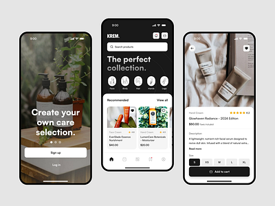 KREM - Product Care E-commerce app branding clean concept design ecommerce face cream hand cream logo mobile product product care self care skin care ui uiux ux