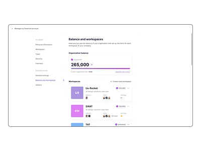 Manage my account/organization/Balance and workspace account account balance account settings app balance data design system figma inner page layout minimal product card product design settings setup ui user ux web app workspace
