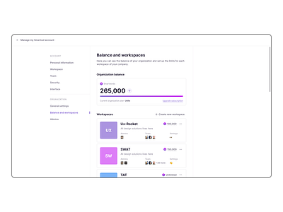 Manage my account/organization/Balance and workspace account account settings balance daily ui design design system inner page layout product design settings ui user ux web app workspace workspaces