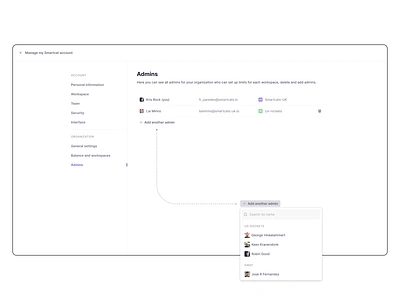 Manage my account/organization/admins account account settings admin panel admin ui admin ux admins app daily ui design layout layout list list product design settings table table view ui user ux web app