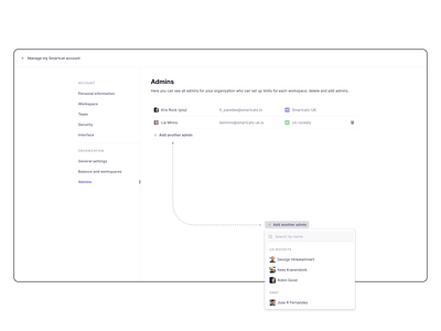 Manage my account/organization/admins account account settings admin panel admin ui admin ux admins app daily ui design layout layout list list product design settings table table view ui user ux web app