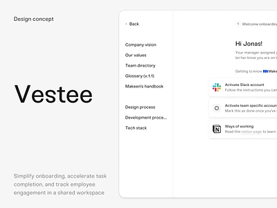 Vestee — employee onboarding app app attio collaboration employee employer linear list management moodboard onboarding project management project management tool research saas steps tabs typography ui user interface design ux