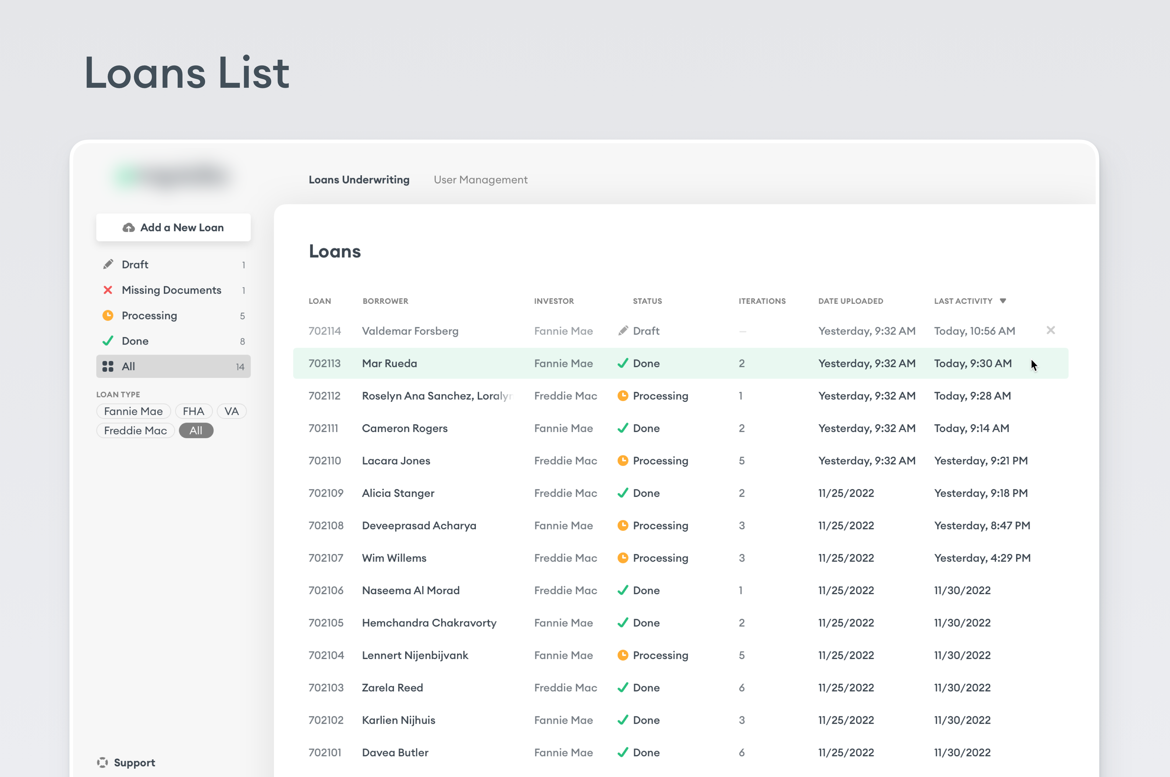 Loans List for AI-Powered Mortgage Tool application finance fintech loan management minimal modern mortgage ui ux web design