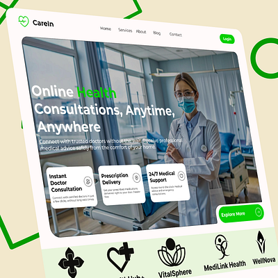 CareIn Landing Page- Modern Healthcare Platform UI/UX Design cleandesign creativedesign dailyui dribbblecommunity figma health healthcare healthcaredesign healthtech landing page landingpagedesign medicalplatform ui uiux userexperience userinterface webdesign