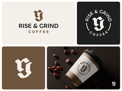 Rise & Grind Coffee Logo Design #2 blackletter book store brick and mortar cafe café calligraphy coffee coffee logo coffee shop fraktur lettering lettermark retro rg logo rg monogram rise and grind traditional type design typography