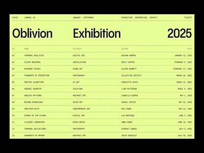 Vivid // Oblivion Exhibition 2025 2024 trends branding design grid illustration layout list logo table typo typography ui ui elements uidesign ux visual web web design website ui