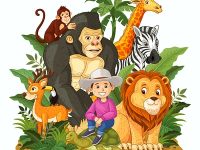 Zoo illustration with hand drawing style animals book cover cartoon deer design forrest geraffe hunter illustration kids kingkong lion monky people tropical turtle vector wild zebra zoo