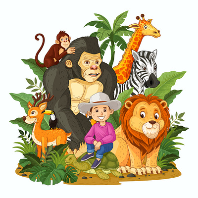 Zoo illustration with hand drawing style animals book cover cartoon deer design forrest geraffe hunter illustration kids kingkong lion monky people tropical turtle vector wild zebra zoo