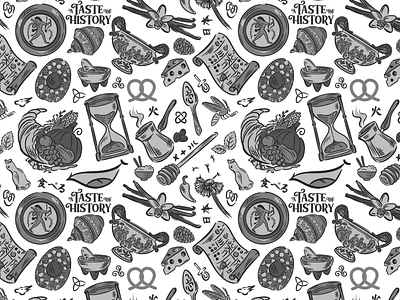 Food History Repeat Pattern Design artifacts black and white cultural culture design food graphic design history illustration illustrator packaging pattern pattern design relics vector