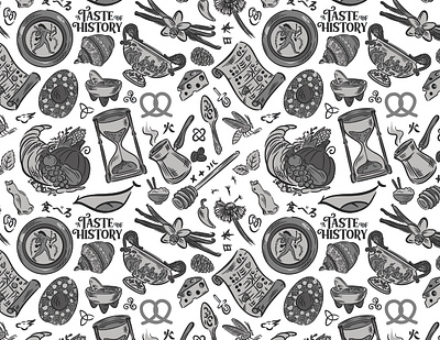 Food History Repeat Pattern Design artifacts black and white cultural culture design food graphic design history illustration illustrator packaging pattern pattern design relics vector