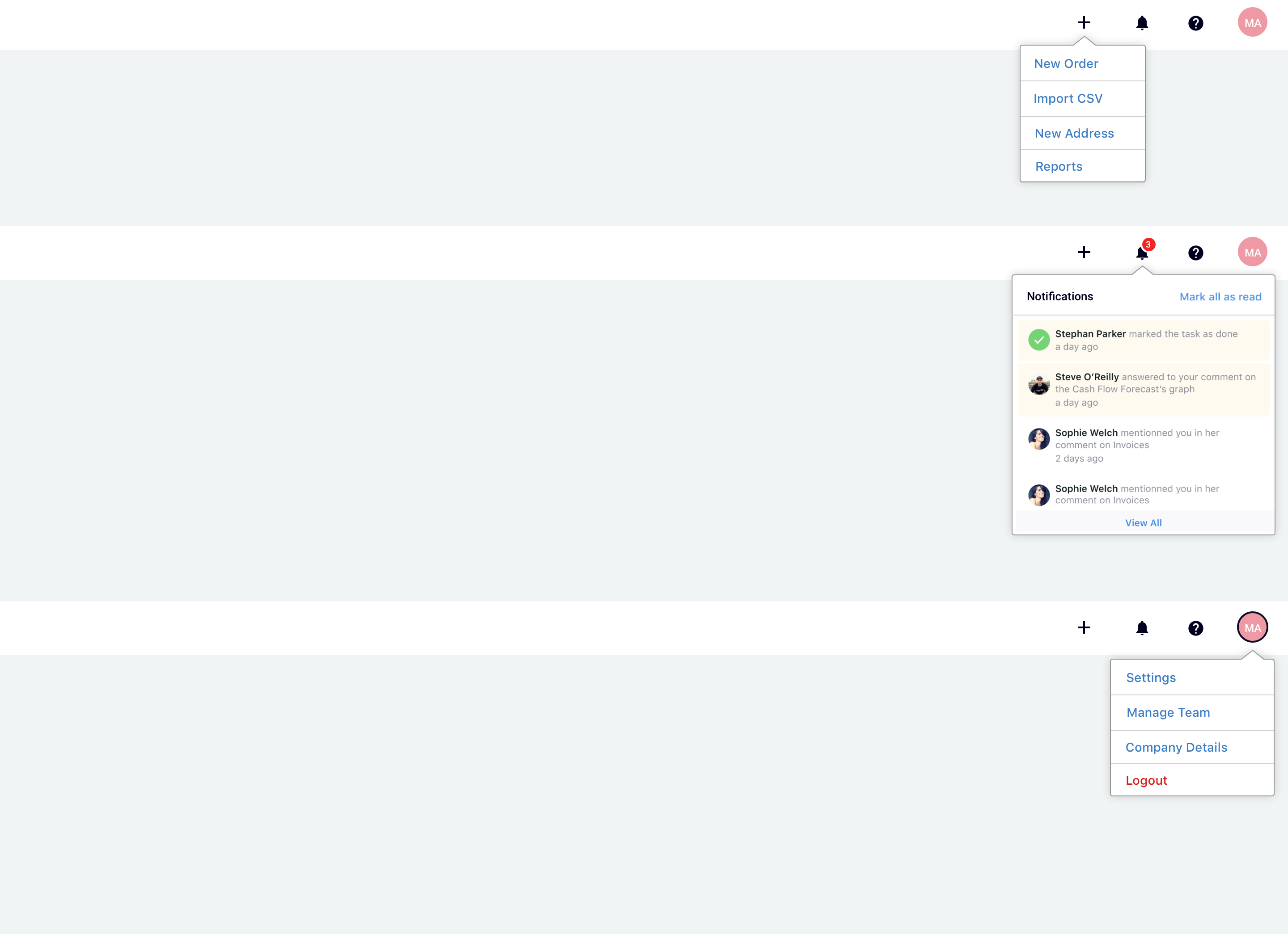 Dashboard Menu Open Dropdown dashboard dropdown menu navigation notifications ui