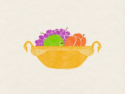 illustration: brass fruit bowl linocut bird bird bowl brass colorful fruit fruit bowl gold illustration linocut simple vintage brass