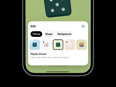 Boring Dice – Edit Theme 3d cards clean components edit ios minimal mobile navigation overlay product design ui ux