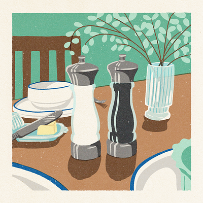 illustration: salt & pepper shakers still life colorful dinner dishes fun illustration pepper salt salt and pepper shakers simple still life table tablescape