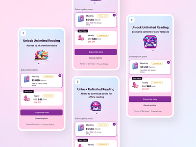 Subscription Screens for Book Reading App android app design book reading design erotic love premium pro subscription ui ui design ux ux design