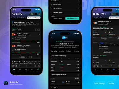 Outlier iOS: EV Boosts & Middle bets app app design betting clean dark design interface ios mobile mobile app modern neon outlier phone product design sport sports ui user interface ux